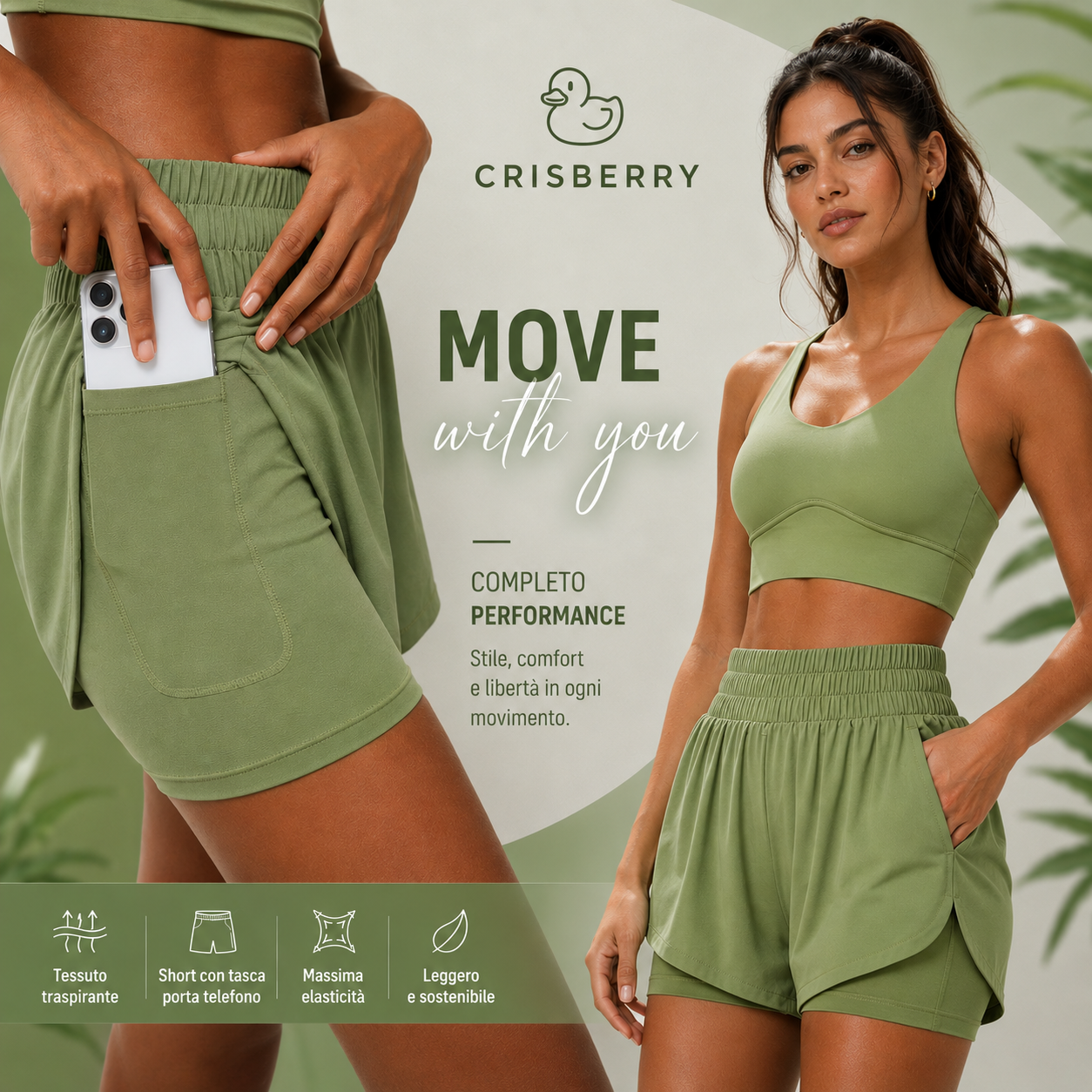 Move with you unisce comfort, stile e libertà in un completo sportivo versatile. Tessuto tecnico morbido e traspirante, perfetto per palestra, fitness e tempo libero.